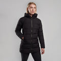 Black Montane Women's Tundra Hooded Down Jacket Model Front FTUNHBLA
