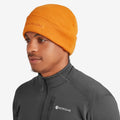 Mens Flame Orange Embroidered Beanie Model Left HEBEAFLO